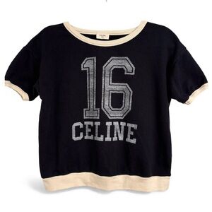 Celine Deep Blue Cotton Cashmere Crewneck Short-Sleeve Shirt "16" Logo